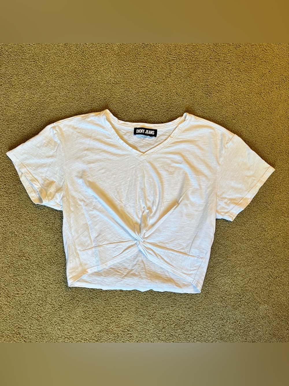 DKNY Jeans Twist-Front Scrunch V-Neck Cropped Top Short Sleeve Size S White